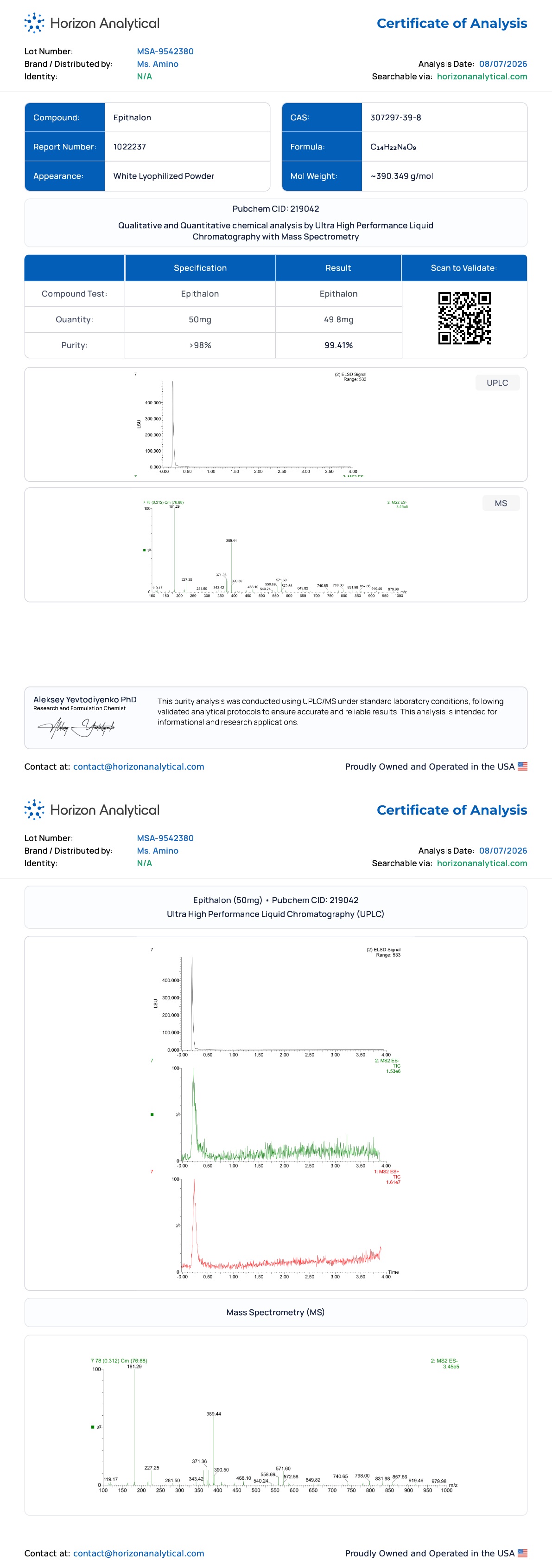 Epithalon (10mg) Purity certificate