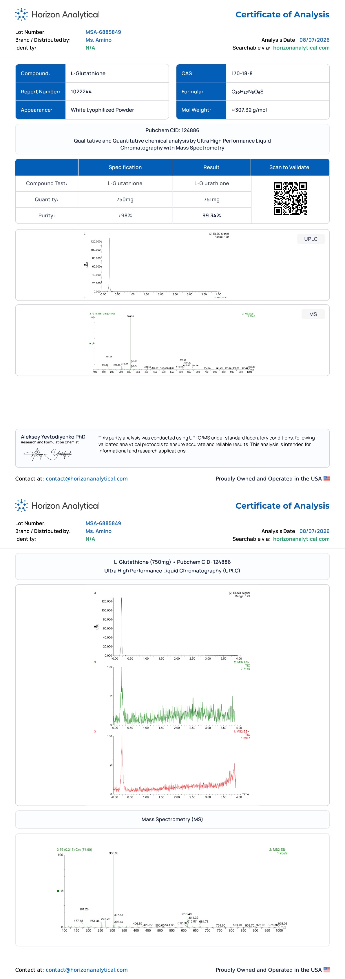 Glutathione (750mg) Purity certificate