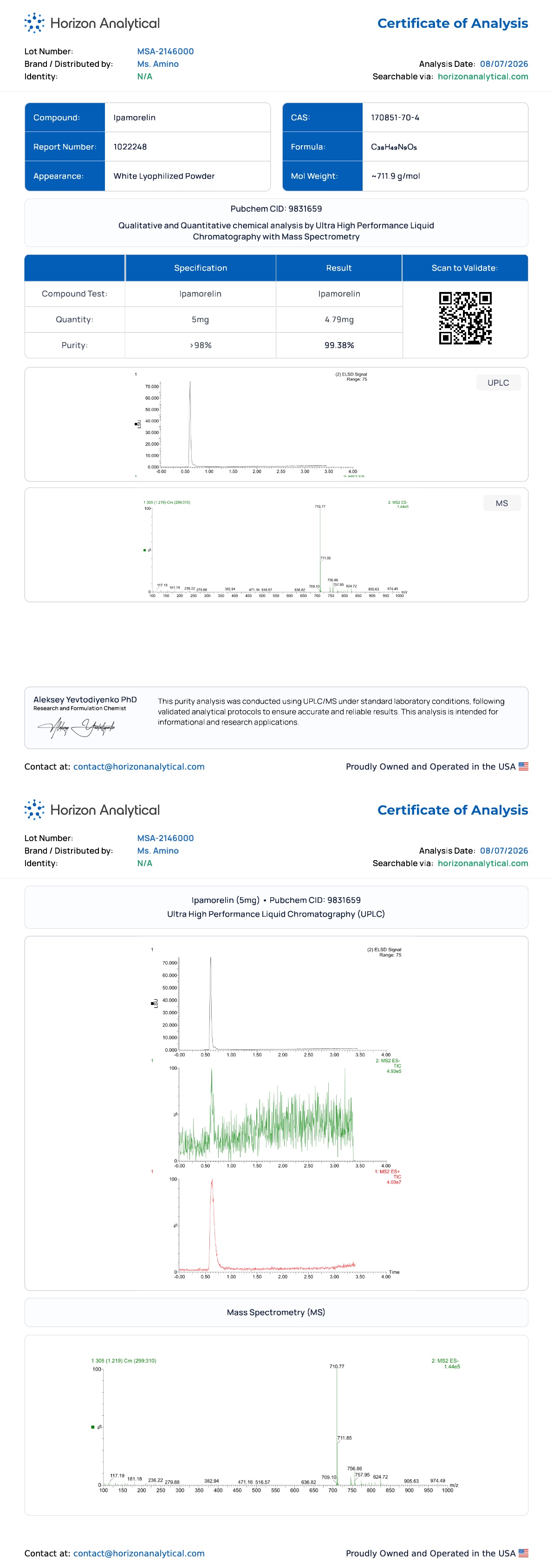 Ipamorelin (5mg) Purity certificate