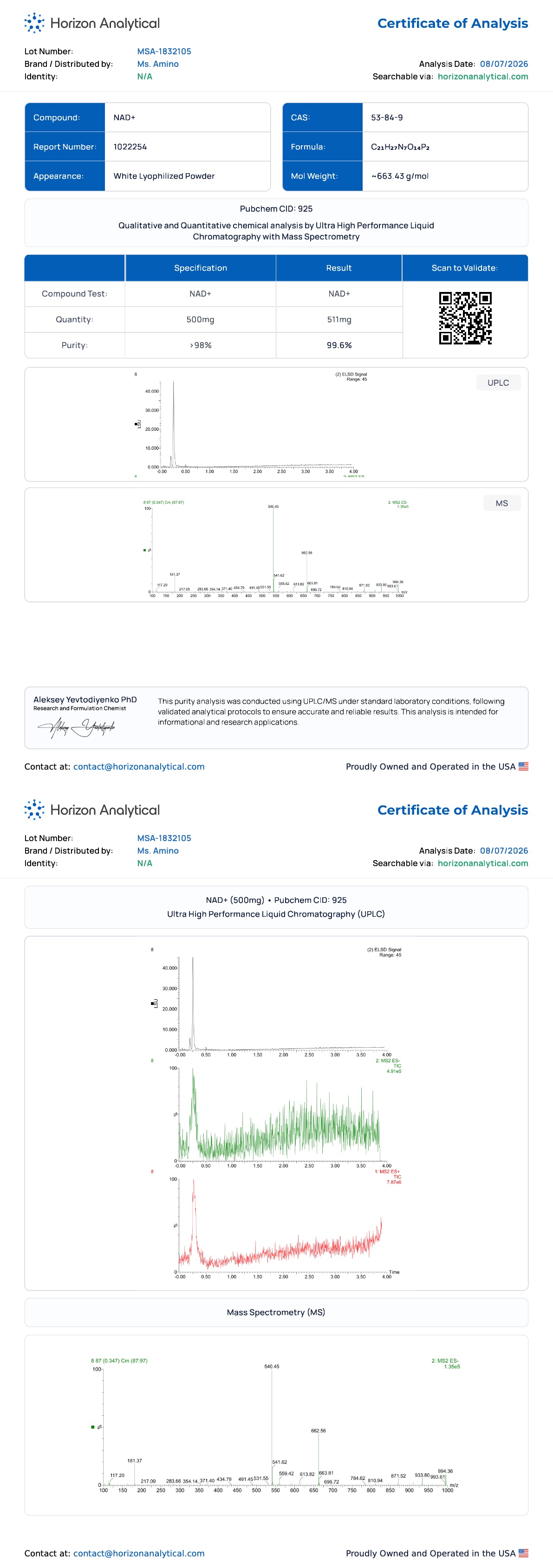NAD+ (500mg) Purity certificate