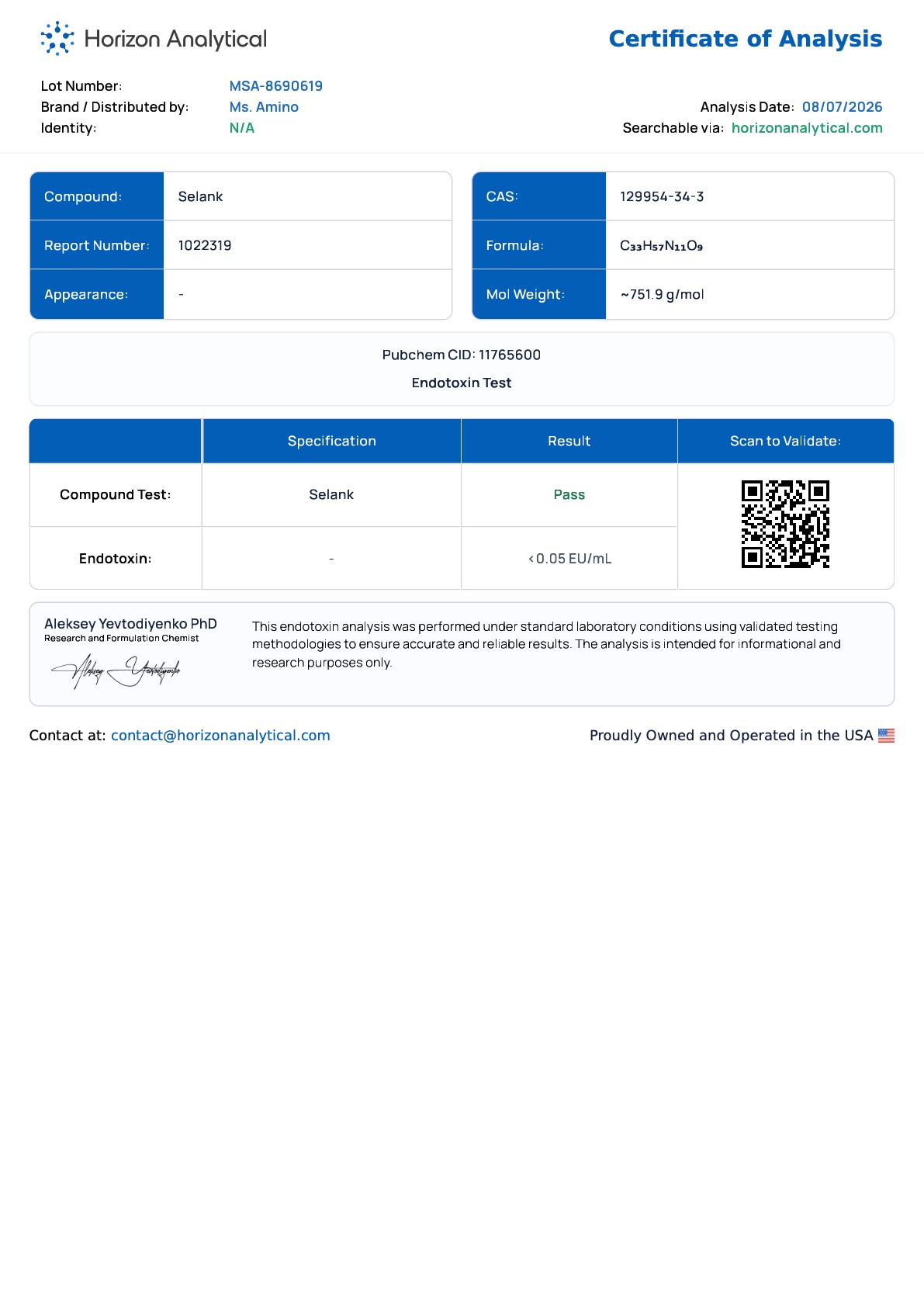 Selank Purity certificate