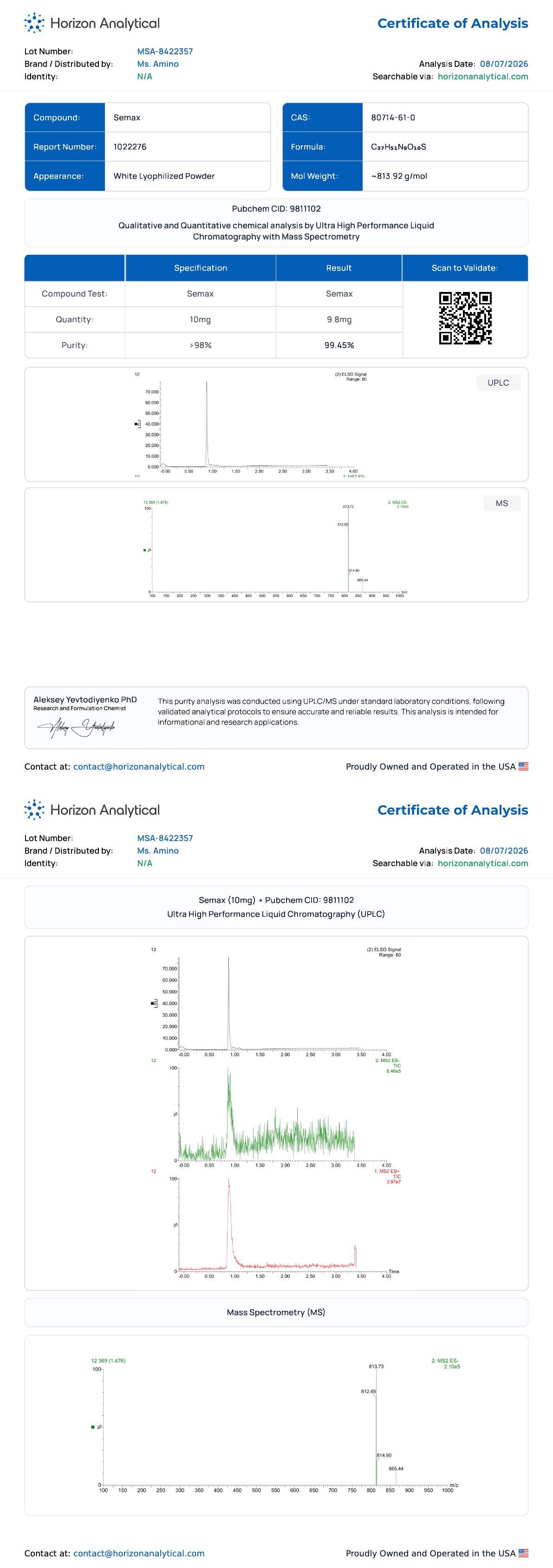 Semax (10mg) Purity certificate