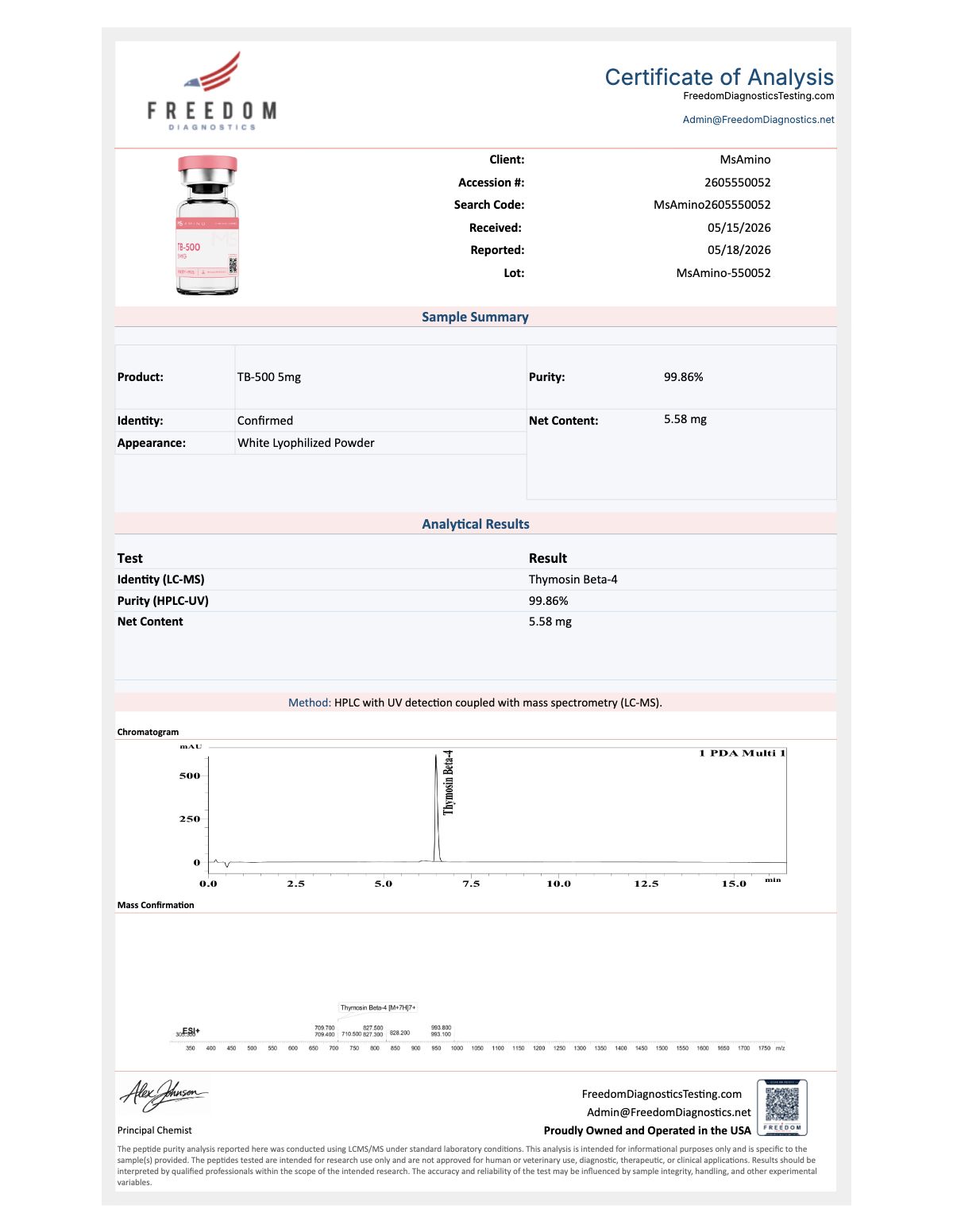 TB500 (Thymosin Beta-4 Acetate) Purity certificate